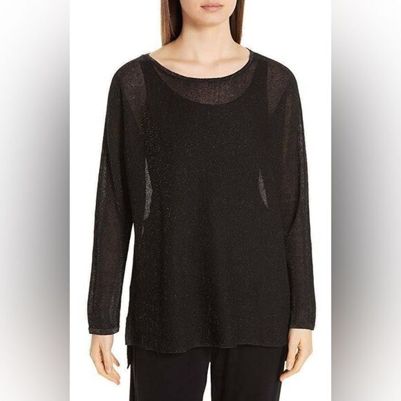 Eileen Fisher Black/Gold Bateau Neck Linen Crepe Tunic Metallic Thread Size Med - Picture 1 of 15